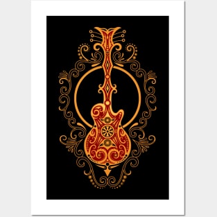 Intricate Red and Yellow Electric Guitar Design Posters and Art